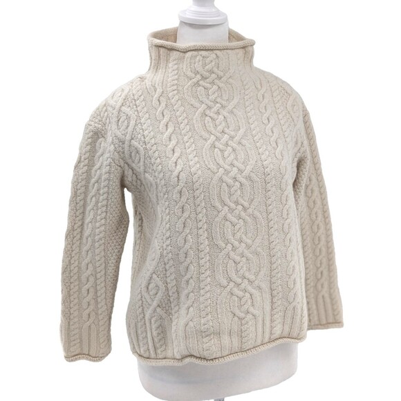 Aran Sweater Market Ivory Cream Merino Wool Cable Knit Fisherman Sweater Size S - Picture 1 of 6